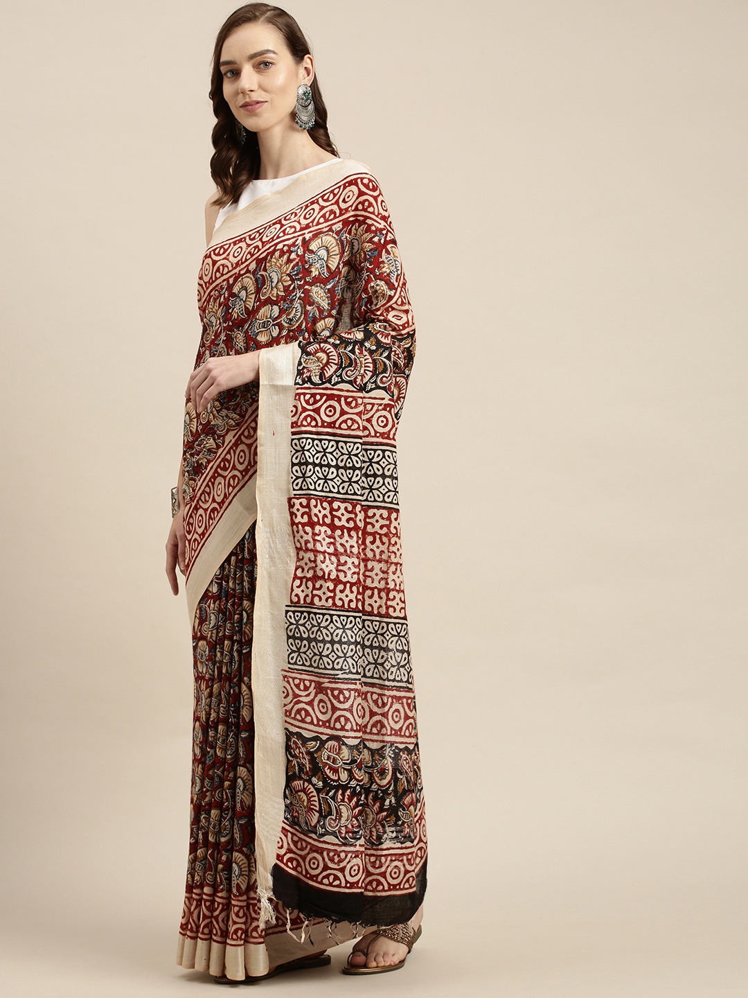 

swatika Red & Beige Bagh Linen Blend Bagru Saree