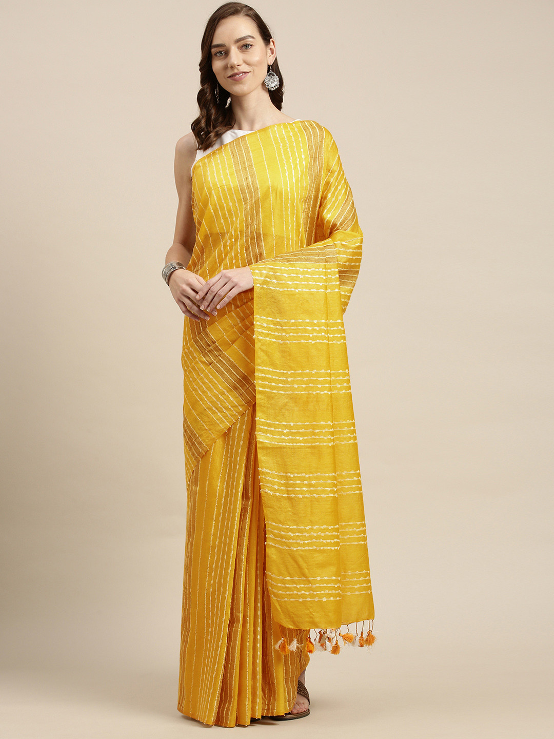 

swatika Yellow & White Striped Art Silk Muga Saree