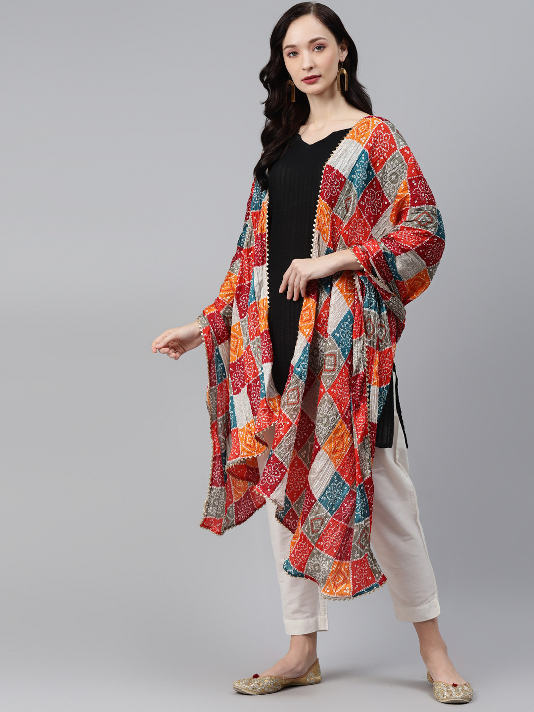 

Rang Gali Orange & Red Printed Bandhani Dupatta with Gotta Patti