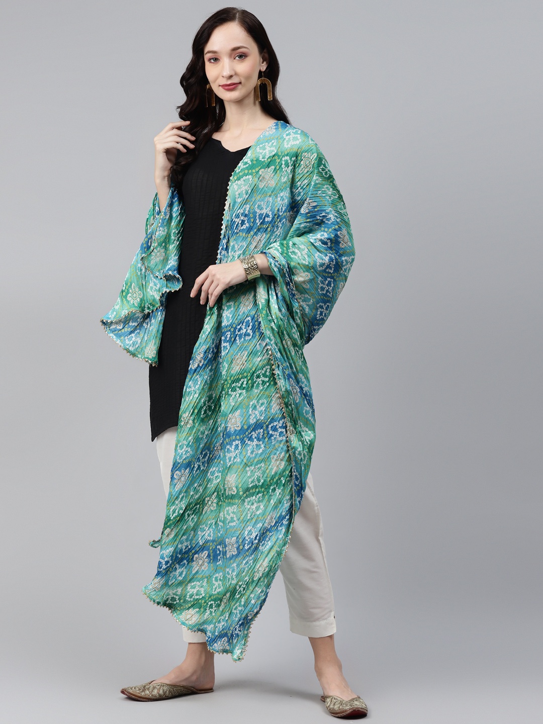 

Rang Gali Blue & Green Printed Bandhani Dupatta with Gotta Patti