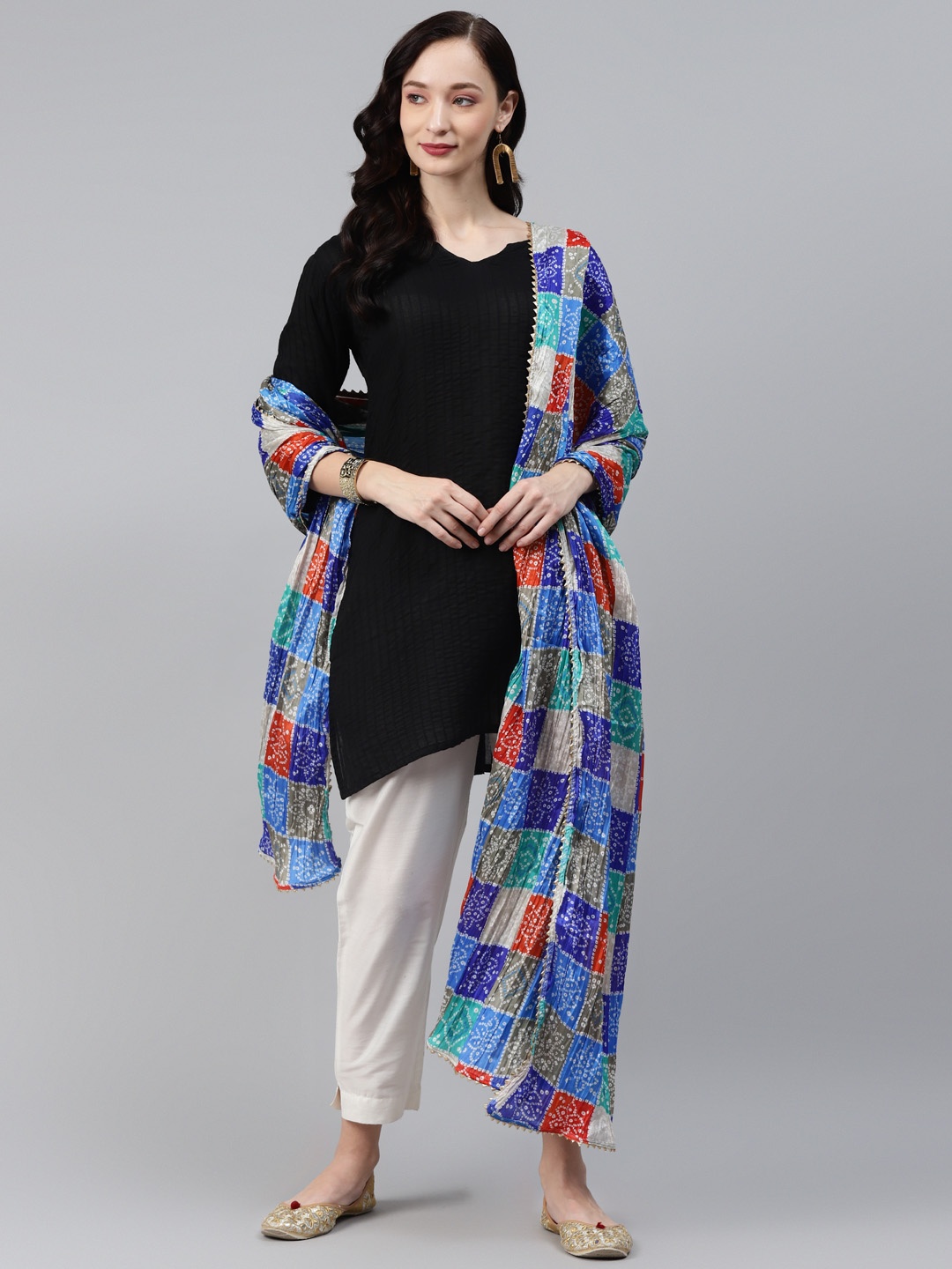 

Rang Gali Blue & Grey Printed Bandhani Dupatta with Gotta Patti