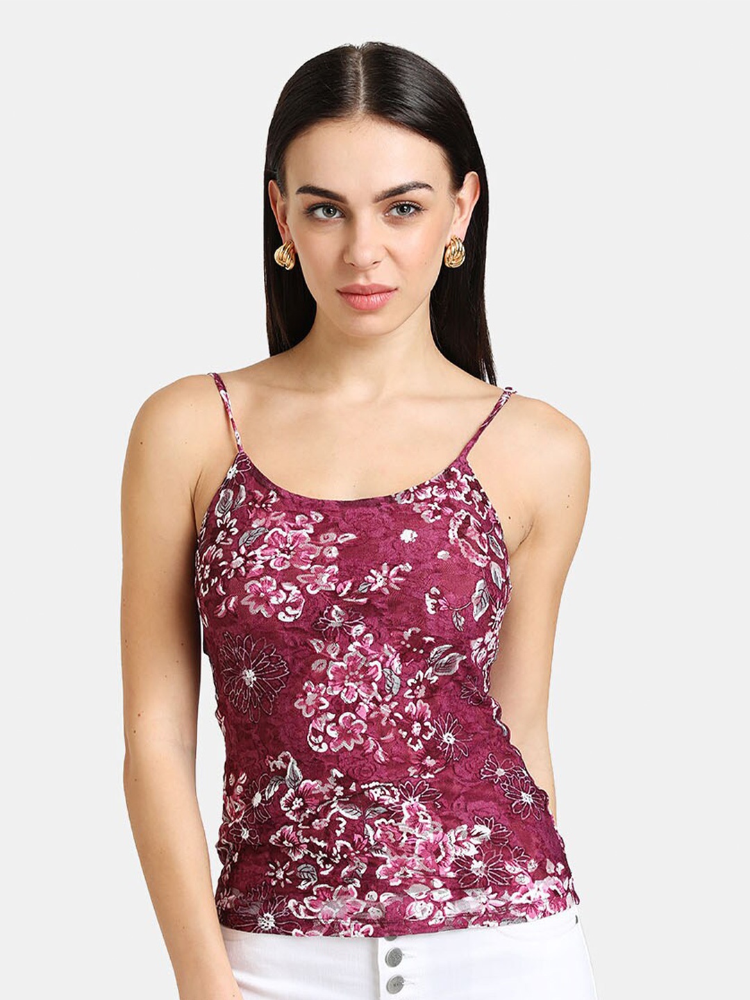 

Kazo Women Maroon Floral Printed Shoulder Strap Top