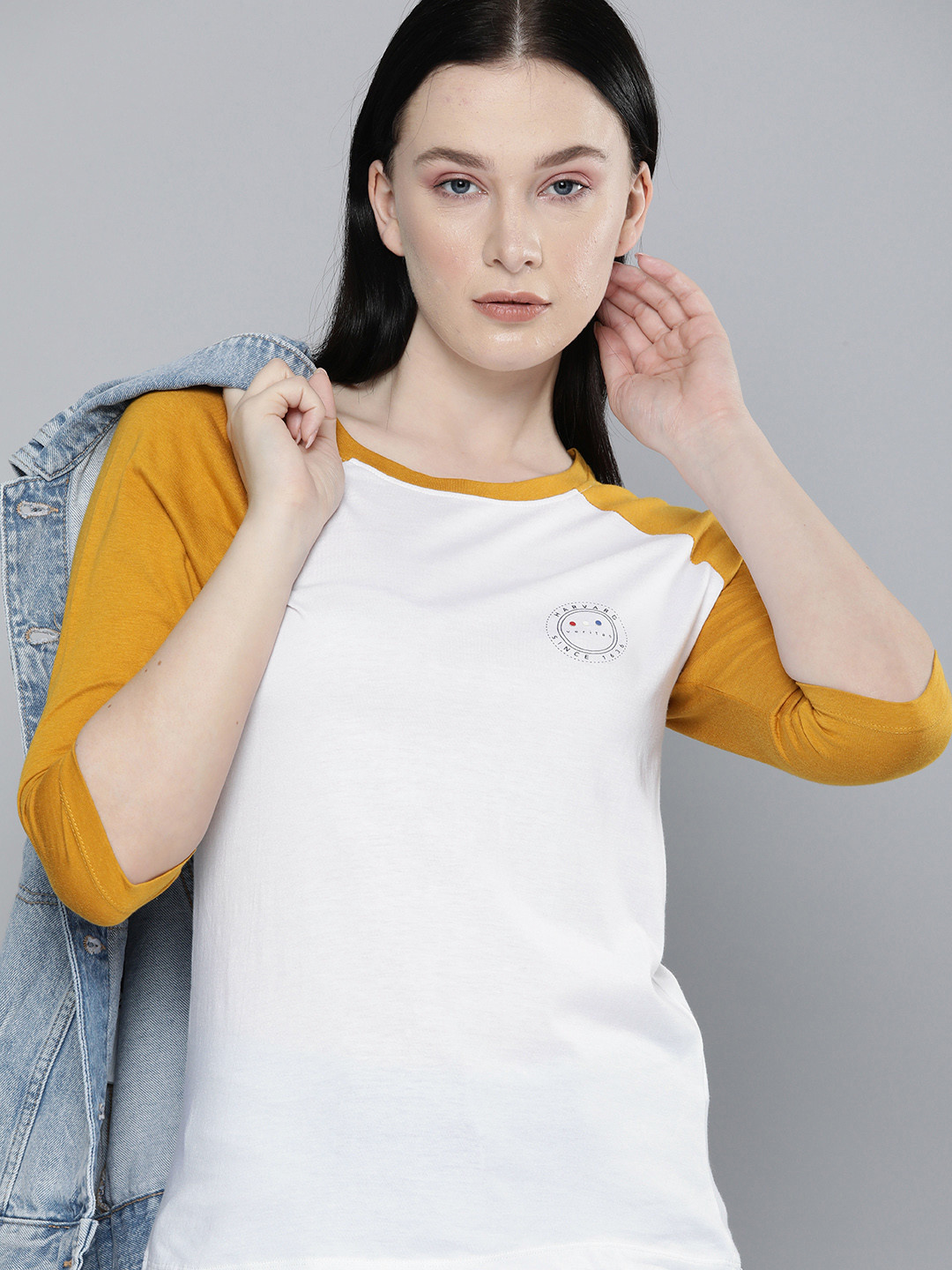 

Harvard Women White & Mustard Yellow Solid T-shirt with Printed Detail
