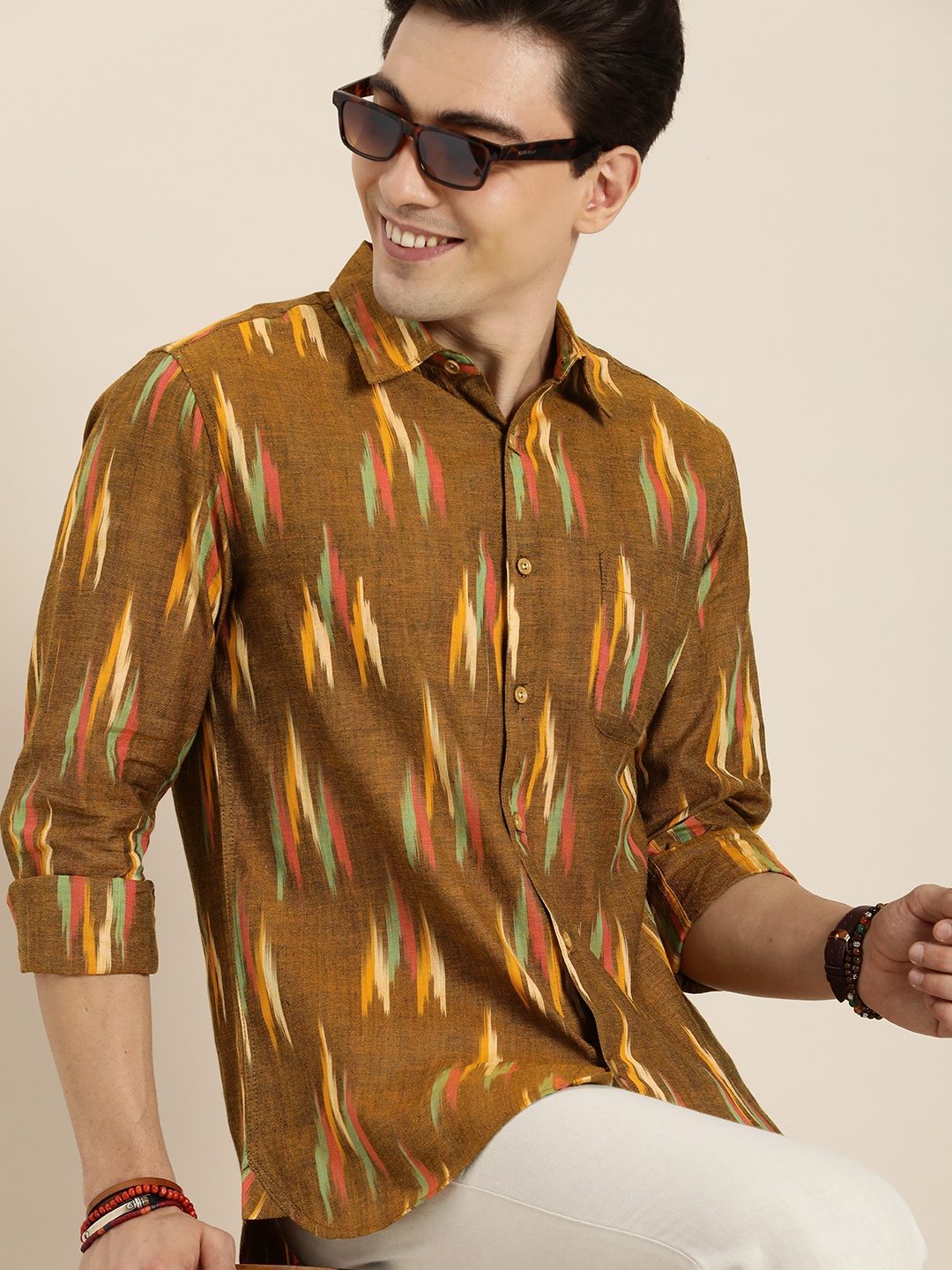 

Taavi Men Brown & Green Ikat Woven Design Casual Shirt with Chest Pocket