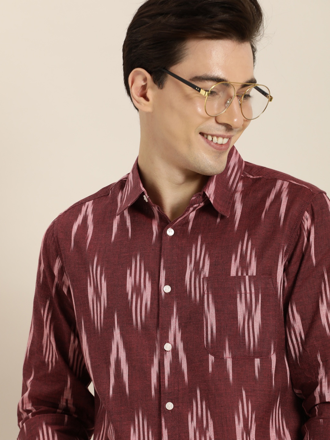 

Taavi Men Maroon & Pink Ikat Woven Design Pure Cotton Sustainable Casual Shirt