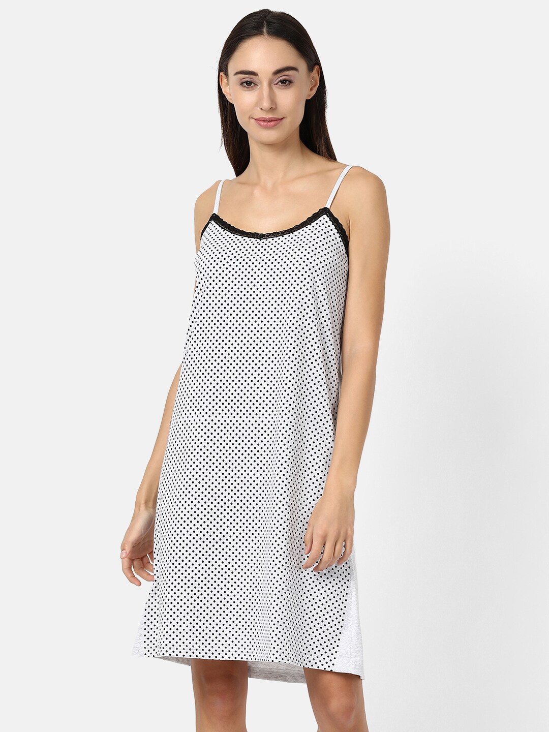 

V2 Value & Variety Women Grey Melange & Black Polka Dots Printed Sleep Shirt