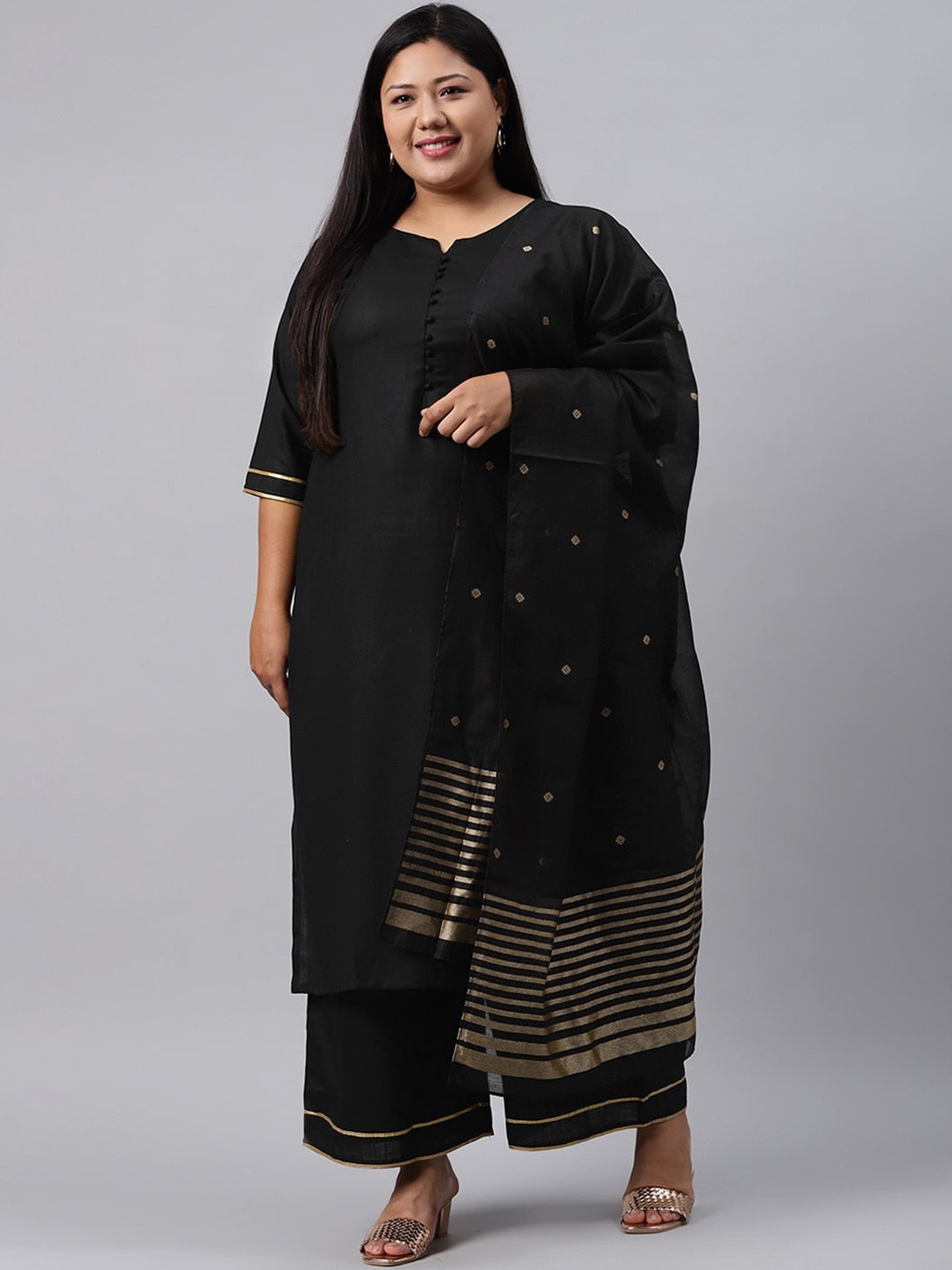 

EXTRA LOVE BY LIBAS Women Plus Size Black Pure Cotton Kurta with Palazzos & Dupatta