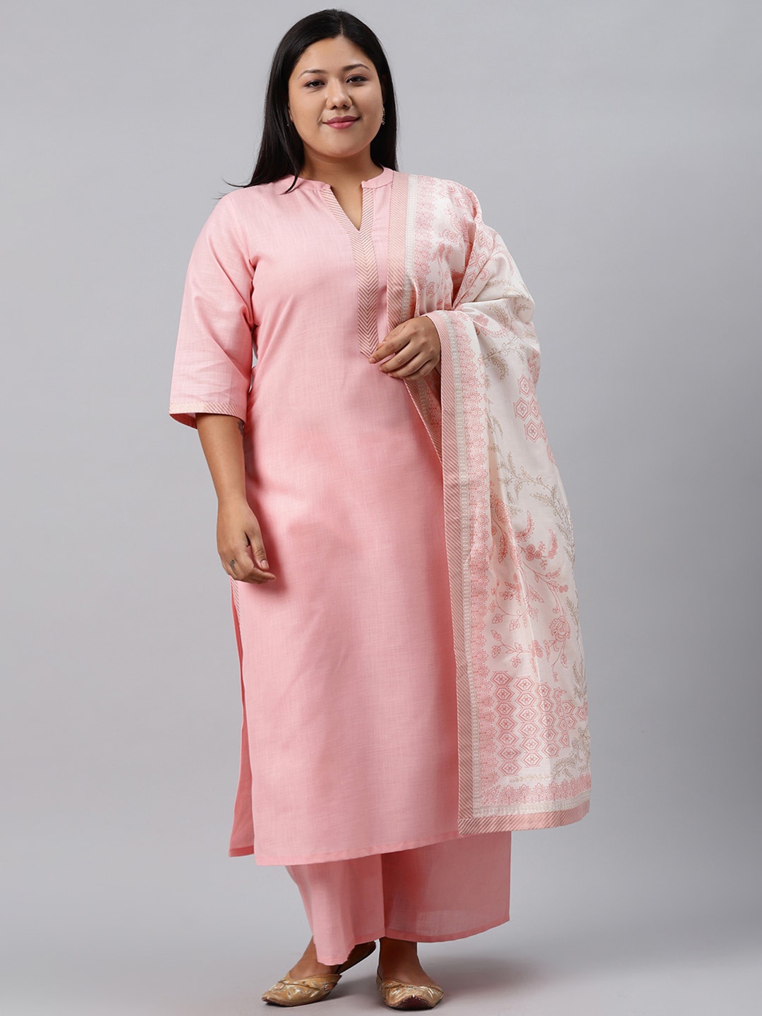 

EXTRA LOVE BY LIBAS Plus Size Women Pink Pure Cotton Kurta with Palazzos & With Dupatta