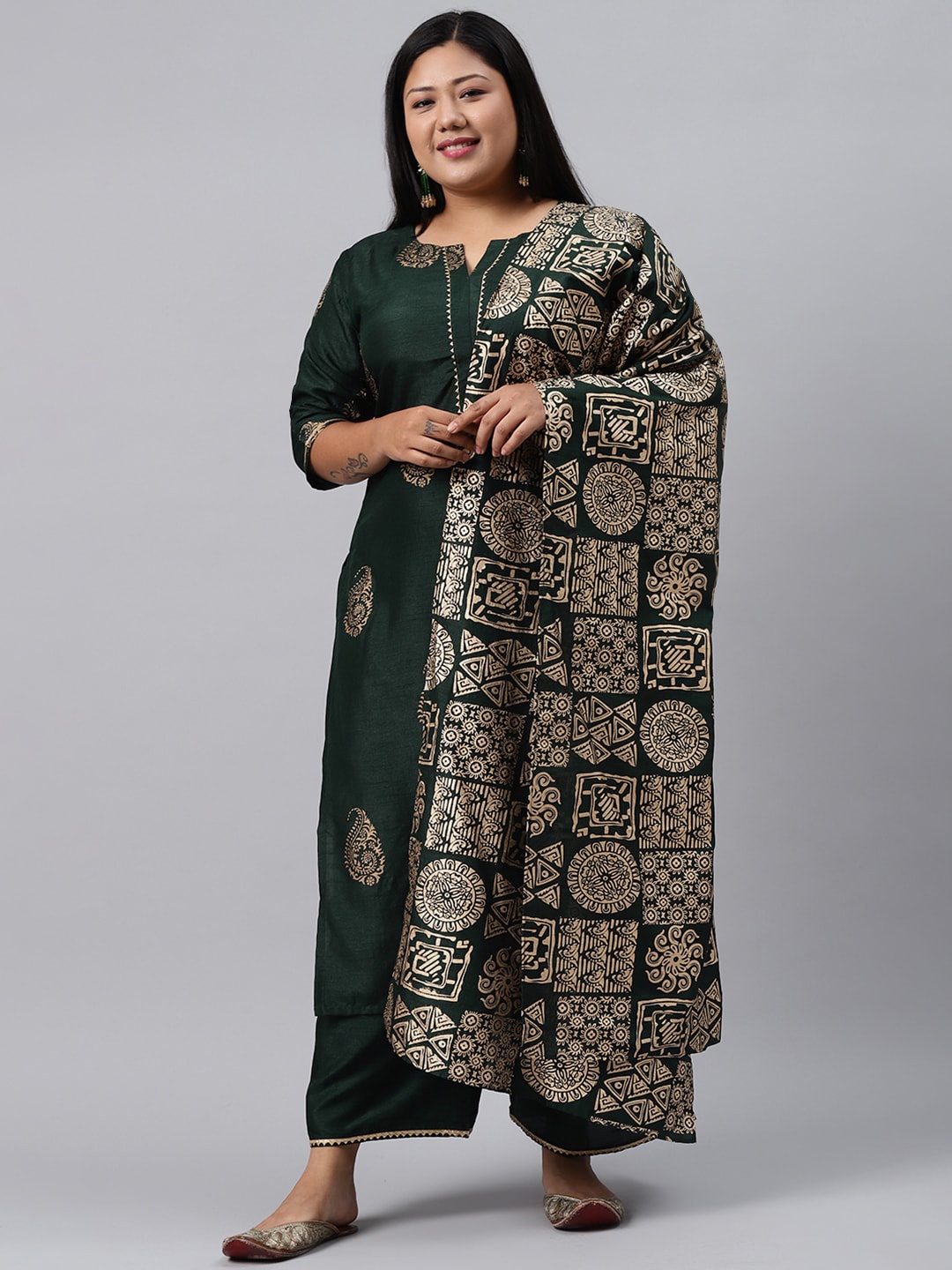 

EXTRA LOVE BY LIBAS Women Green Ethnic Motifs Printed Kurta with Palazzos & With Dupatta