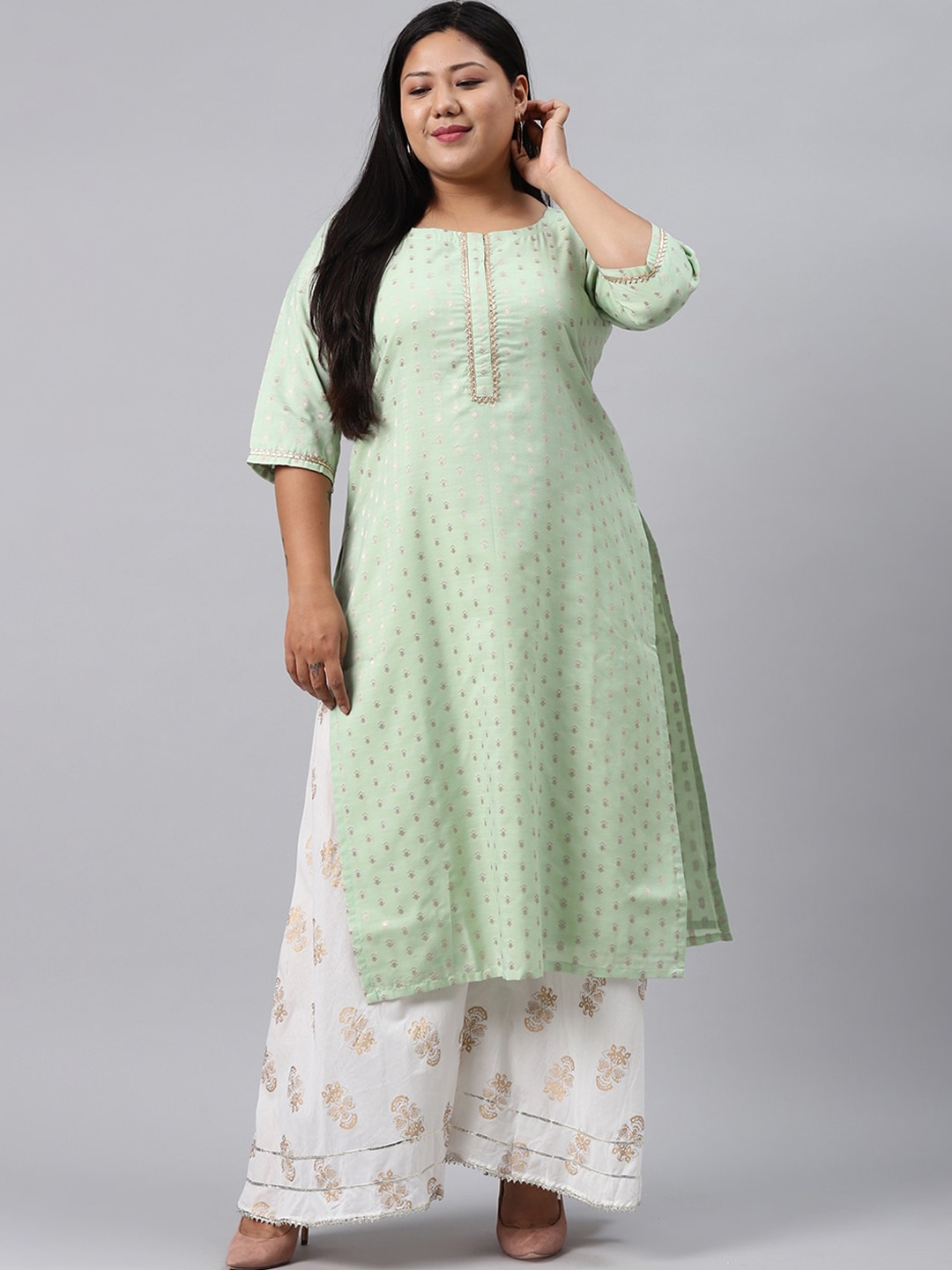 

EXTRA LOVE BY LIBAS Plus Size Women Sea Green Ethnic Motifs Chanderi Silk Kurta