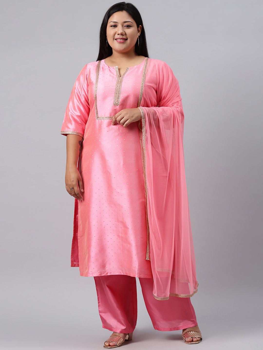 

EXTRA LOVE BY LIBAS Plus Size Women Pink Kurta with Palazzos & With Dupatta