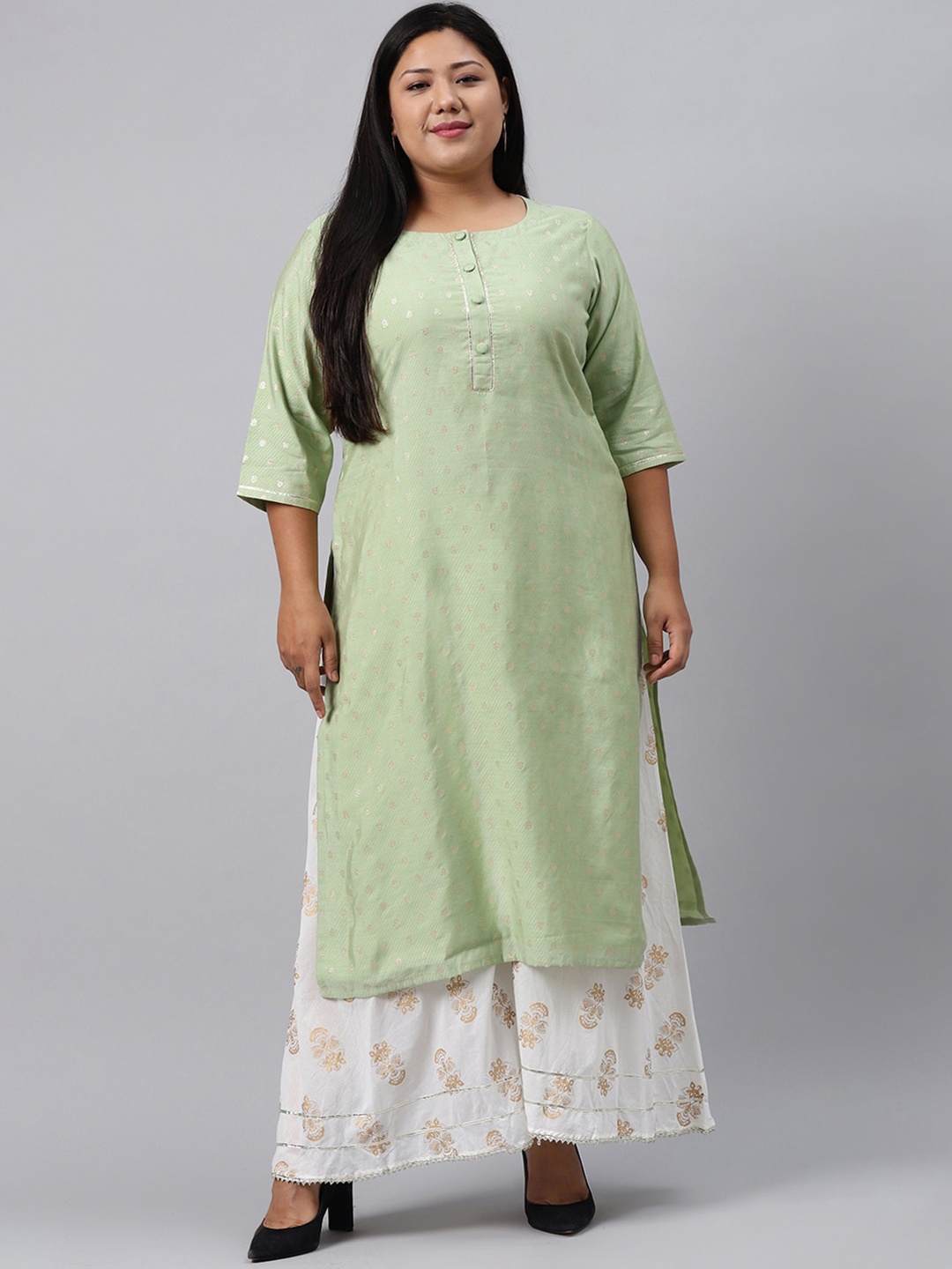

EXTRA LOVE BY LIBAS Plus Size Women Green Ethnic Motifs Chanderi Silk Kurta