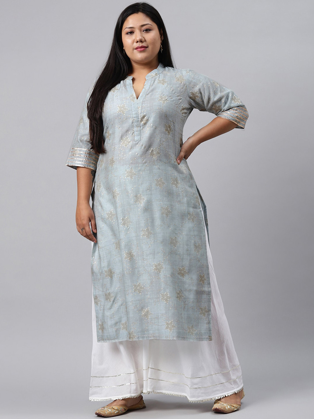 

EXTRA LOVE BY LIBAS Plus Size Women Grey Floral Gotta Patti Chanderi Silk Kurta