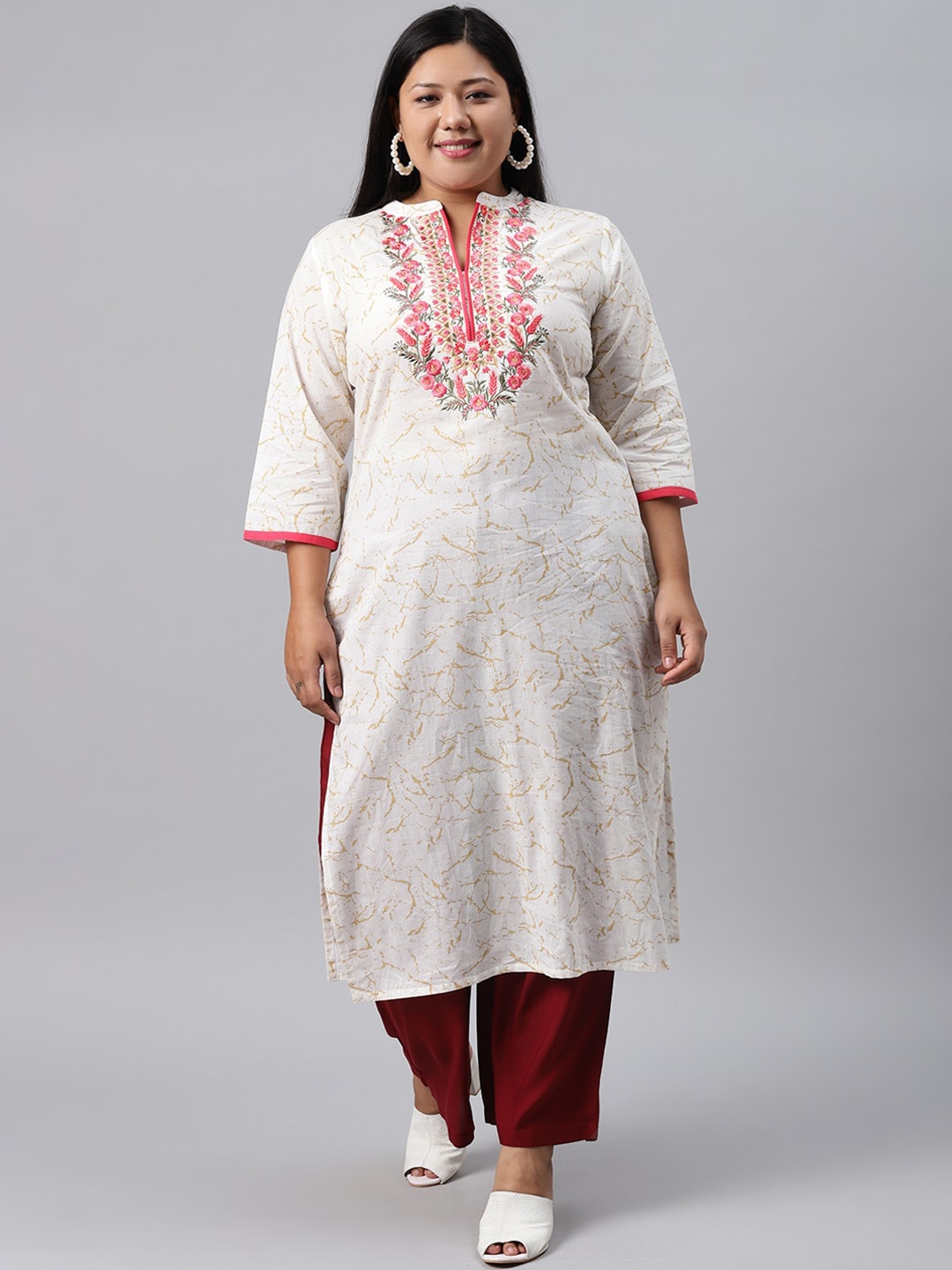 

EXTRA LOVE BY LIBAS Plus Size Women White & Yellow Printed Thread Work Kurta