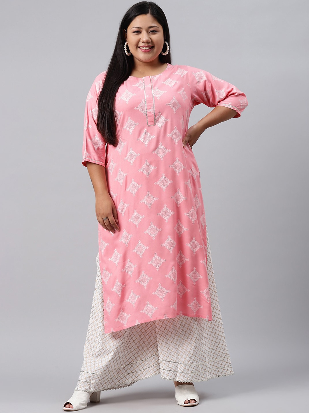 

EXTRA LOVE BY LIBAS Plus Size Women Pink & White Ethnic Motifs Printed Kurta