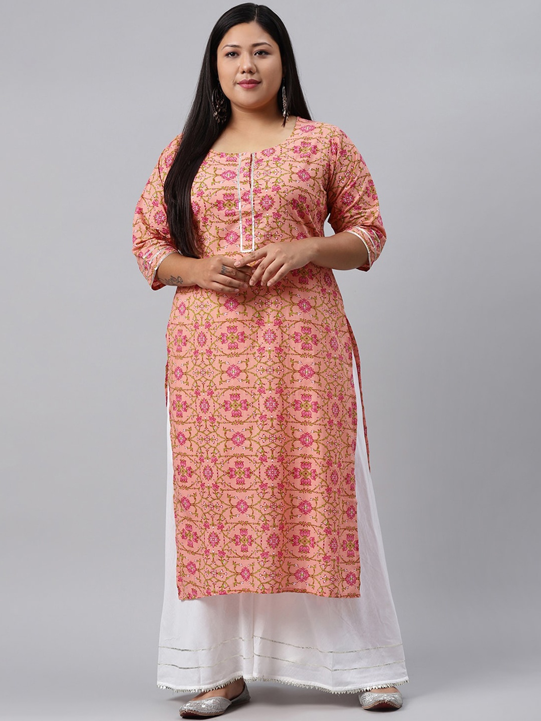 

EXTRA LOVE BY LIBAS Plus Size Women Peach-Coloured & Green Floral Printed Kurta