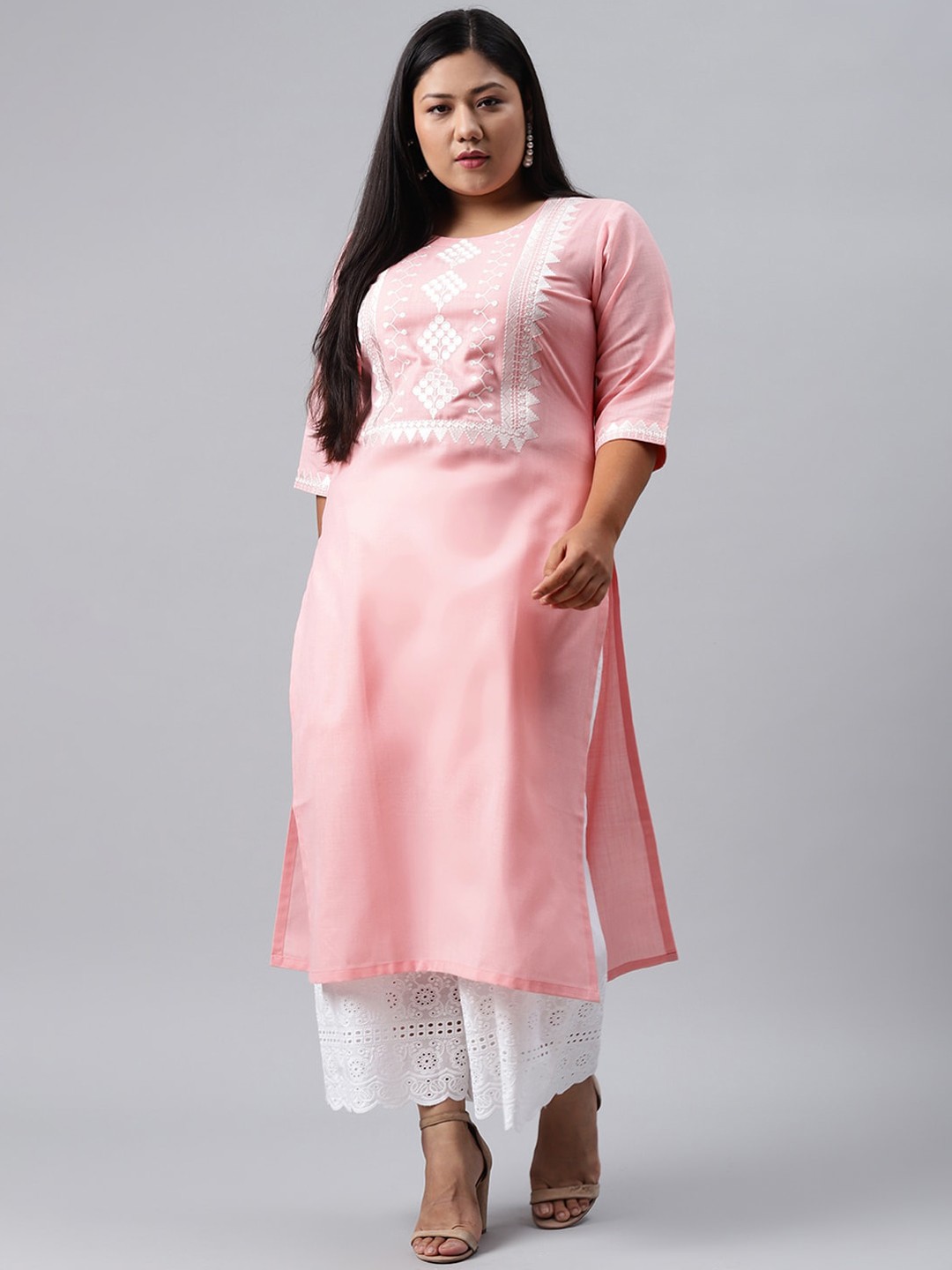 

EXTRA LOVE BY LIBAS Plus Size Women Pink & White Geometric Yoke Design Thread Work Kurta