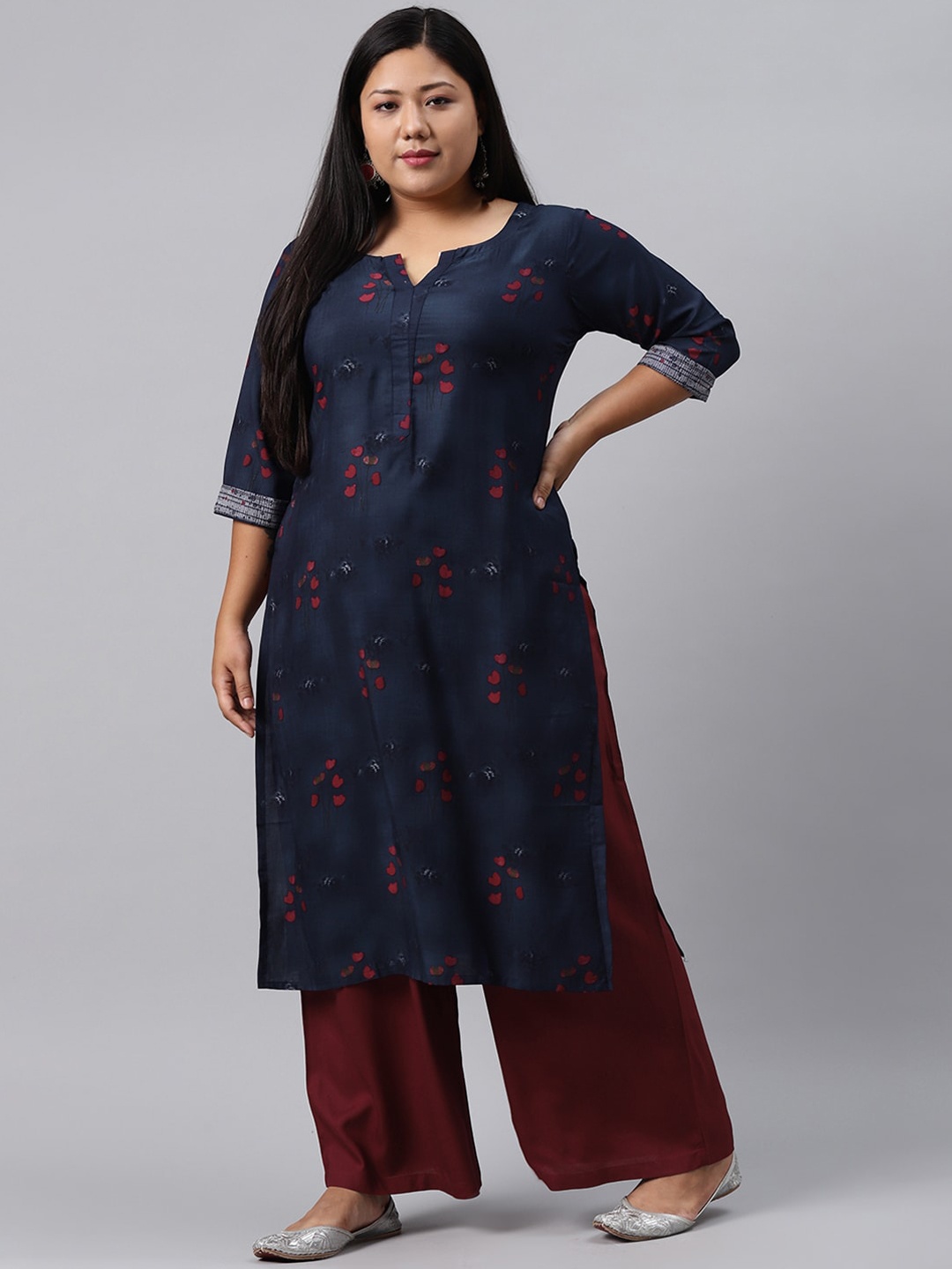 

EXTRA LOVE BY LIBAS Plus Size Women Navy Blue & Red Floral Printed Kurta