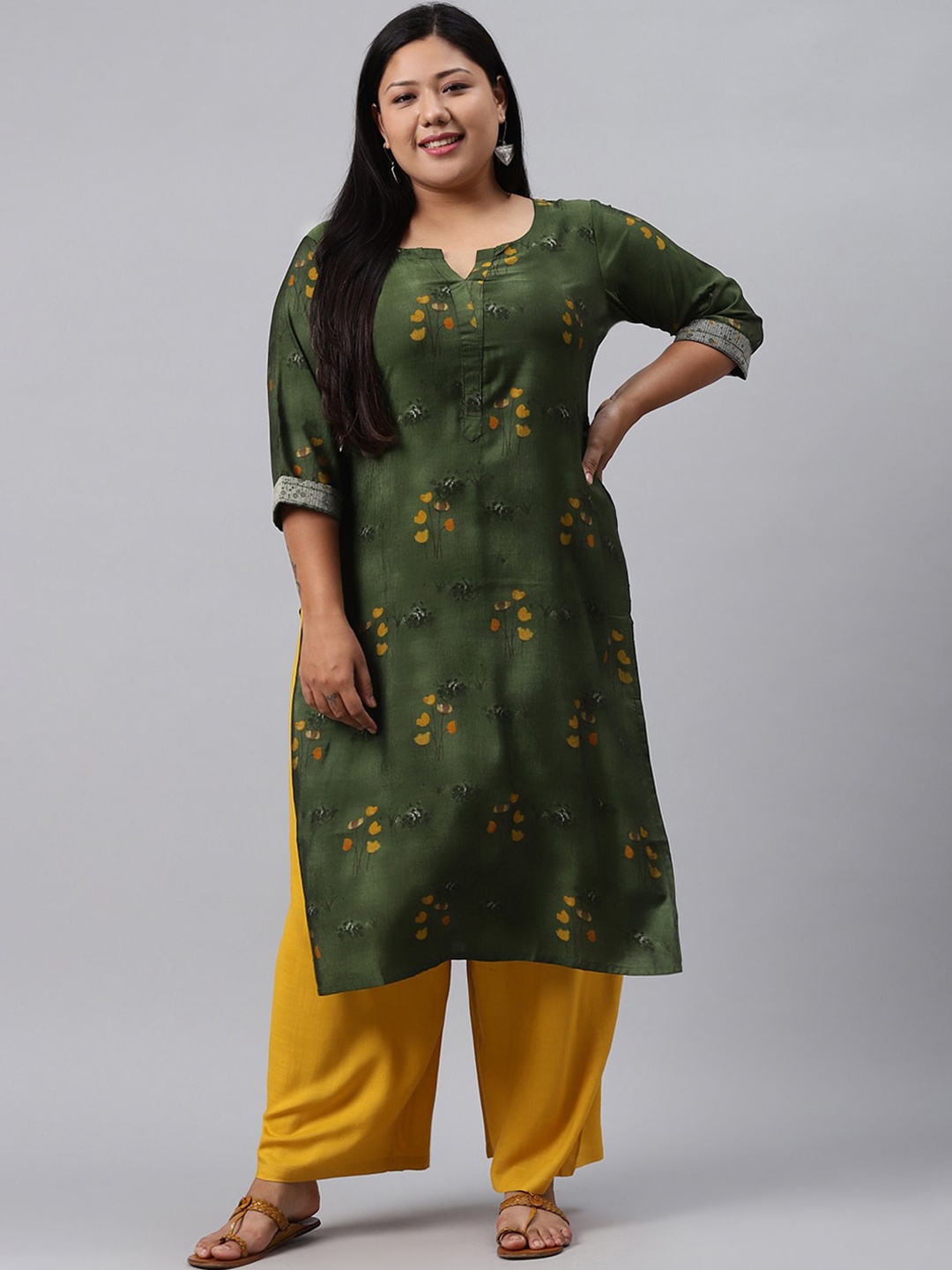 

EXTRA LOVE BY LIBAS Plus Size Women Green & Yellow Floral Printed Kurta