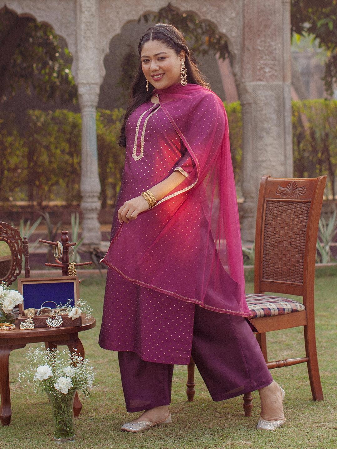 

EXTRA LOVE BY LIBAS Plus Size Women Purple Kurta with Palazzos & With Dupatta