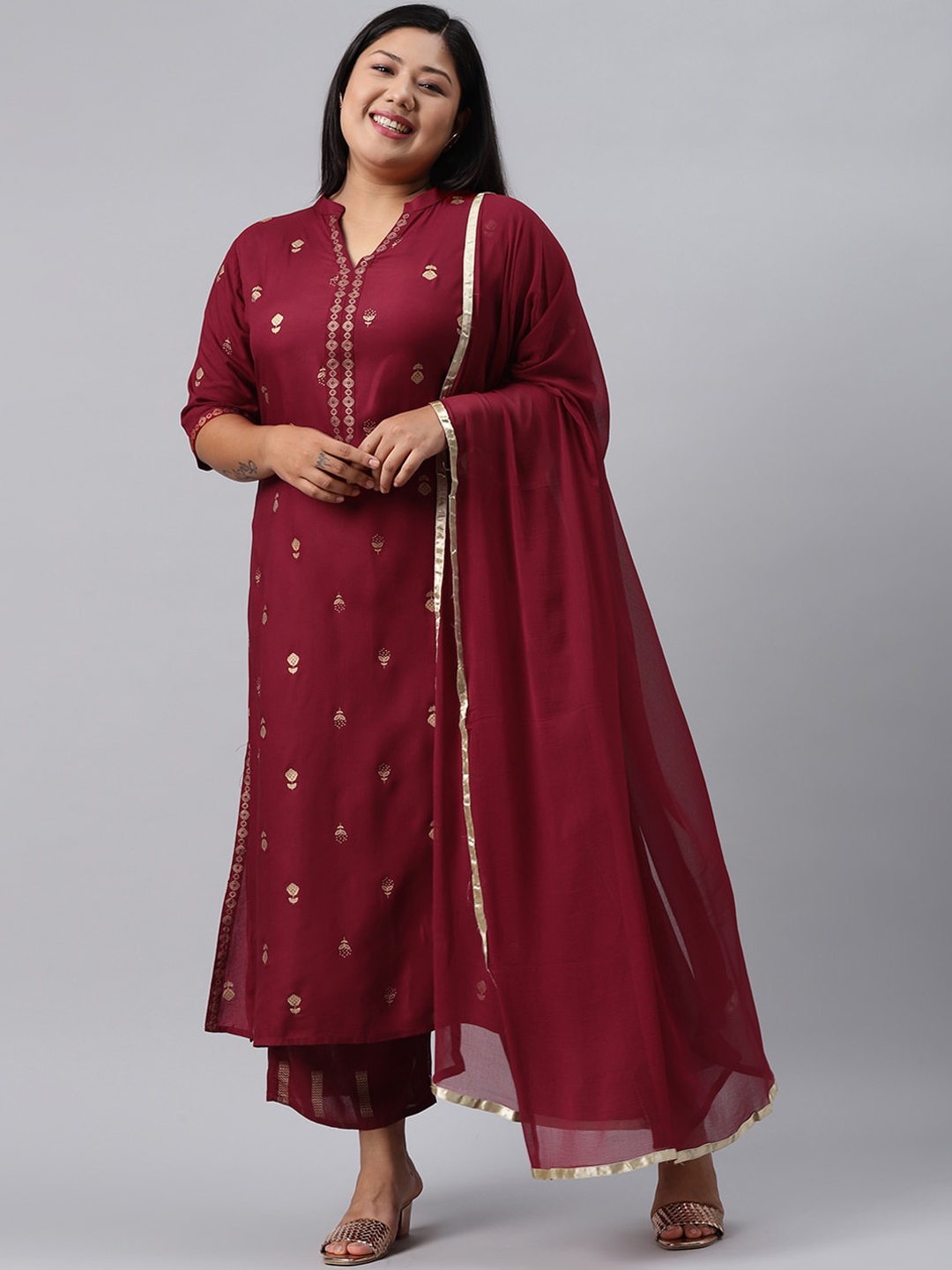 

EXTRA LOVE BY LIBAS Plus Size Women Maroon Kurta with Palazzos & With Dupatta