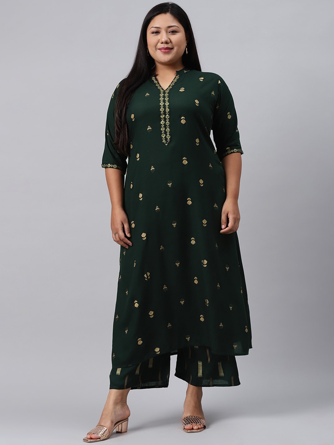 

EXTRA LOVE BY LIBAS Women Green Floral Printed Regular Kurta with Palazzos