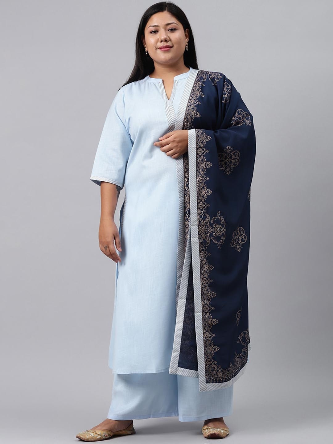 

EXTRA LOVE BY LIBAS Plus Size Women Blue Pure Cotton Kurta with Palazzos & With Dupatta