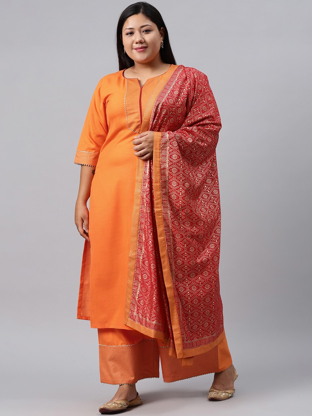 

EXTRA LOVE BY LIBAS Plus Size Women Orange Pure Cotton Kurta with Palazzos & With Dupatta