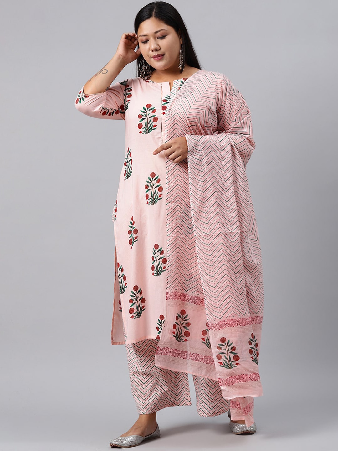 

EXTRA LOVE BY LIBAS Plus Size Women Pink Floral Cotton Kurta with Palazzos & With Dupatta