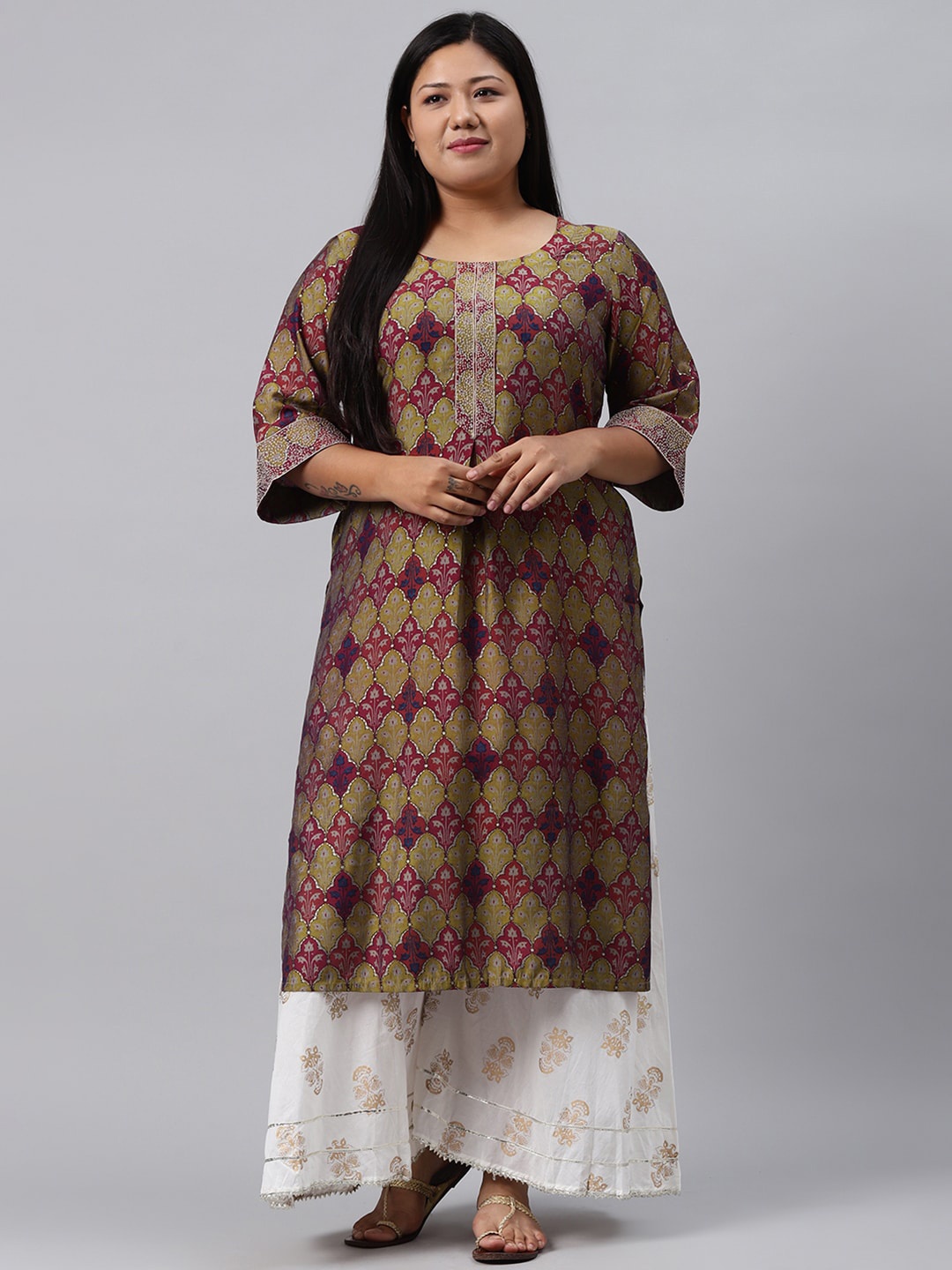 

EXTRA LOVE BY LIBAS Plus Size Women Green & Red Ethnic Motifs Chanderi Silk Kurta