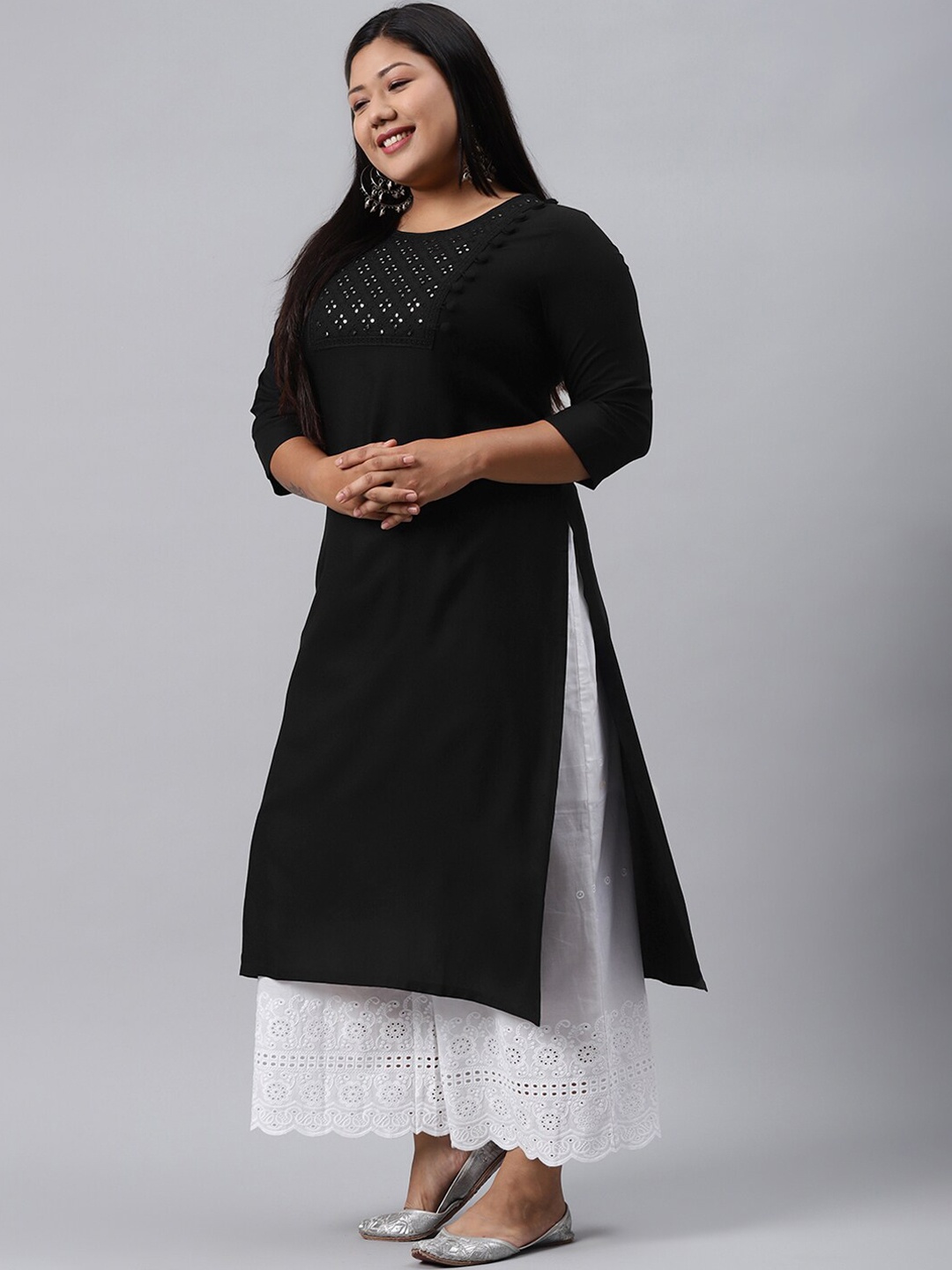 

EXTRA LOVE BY LIBAS Plus Size Women Black Yoke Design Mirror Work Kurta