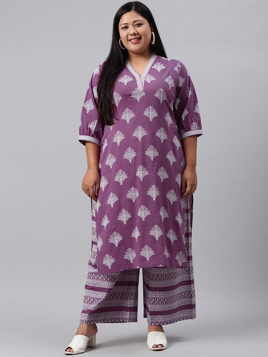 

EXTRA LOVE BY LIBAS Plus Size Women Purple & White Floral Printed Kurta