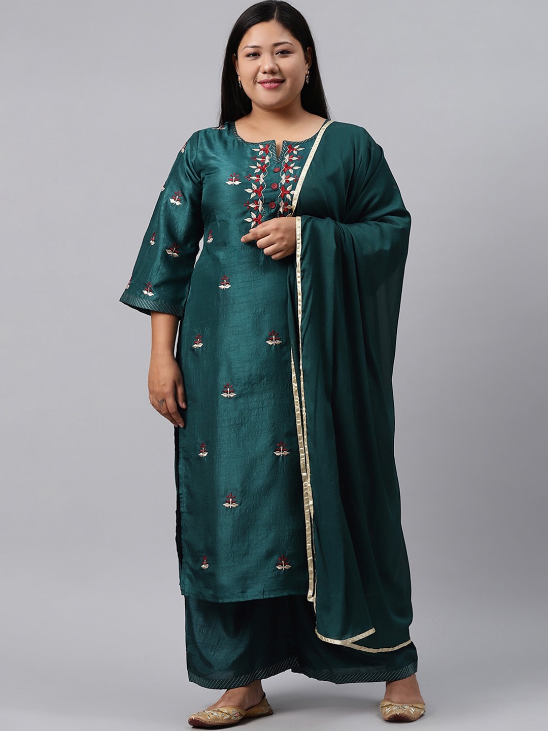 

EXTRA LOVE BY LIBAS Plus Size Women Green Floral Kurta with Palazzos & With Dupatta