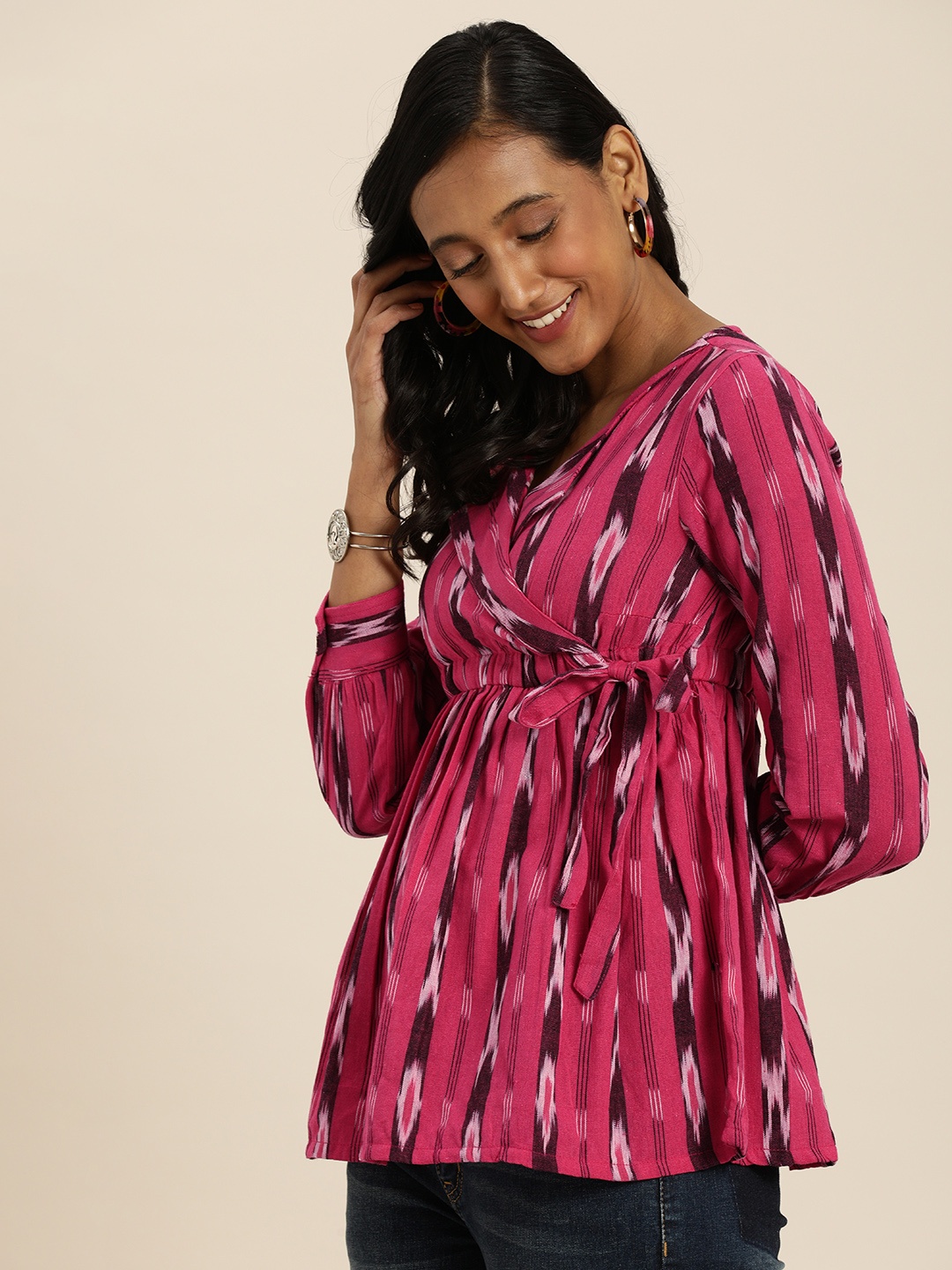 

Taavi Magenta Pink & Burgundy Ikat Print V-Neck Cuffed Sleeves Pleated Wrap Top