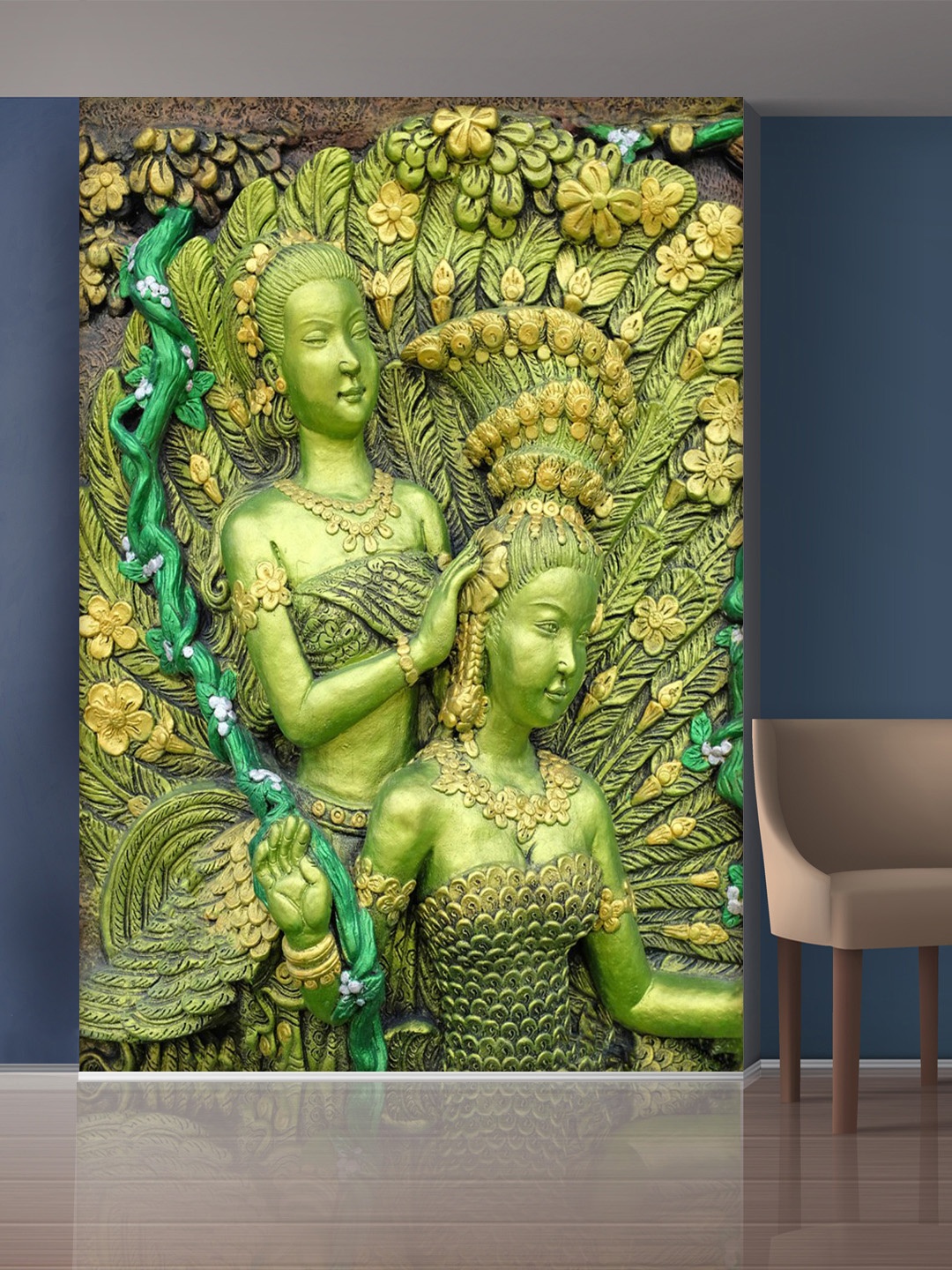 

999Store Lime Green & Gold-Toned Queen & Flowers Mural Wallpaper