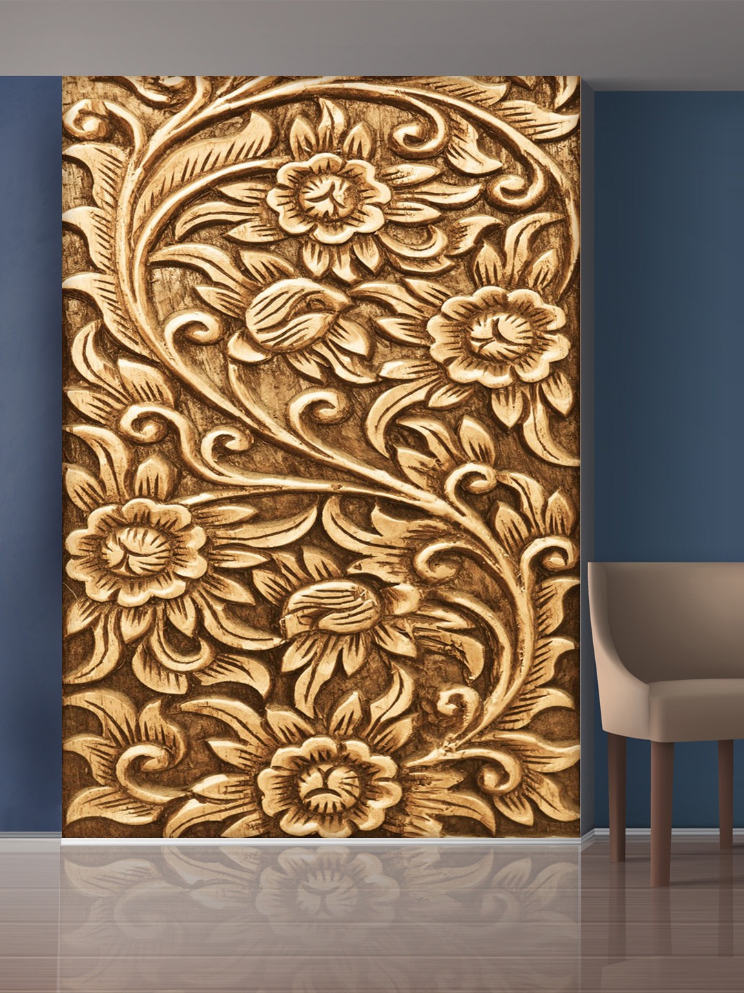 

999Store Gold-Toned & Brown Leaves & Flowers Mural Wallpaper