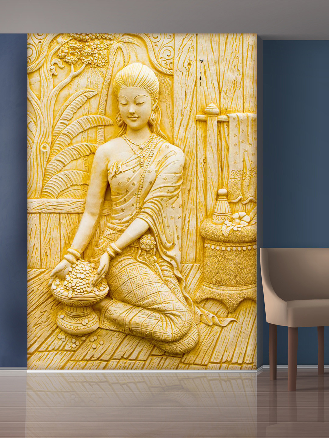 

999Store Gold-Toned & Beige Working Women Statue Mural Wallpaper