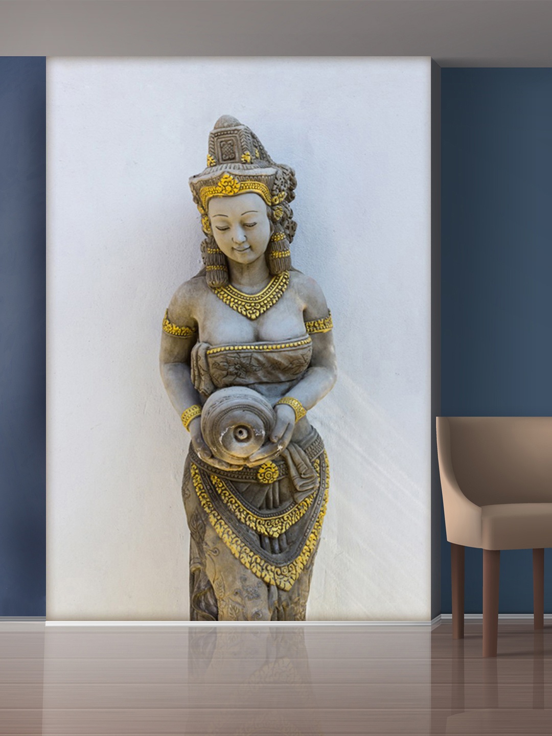 

999Store Grey & Gold-Toned Standing Lady With Pot Mural Wallpaper