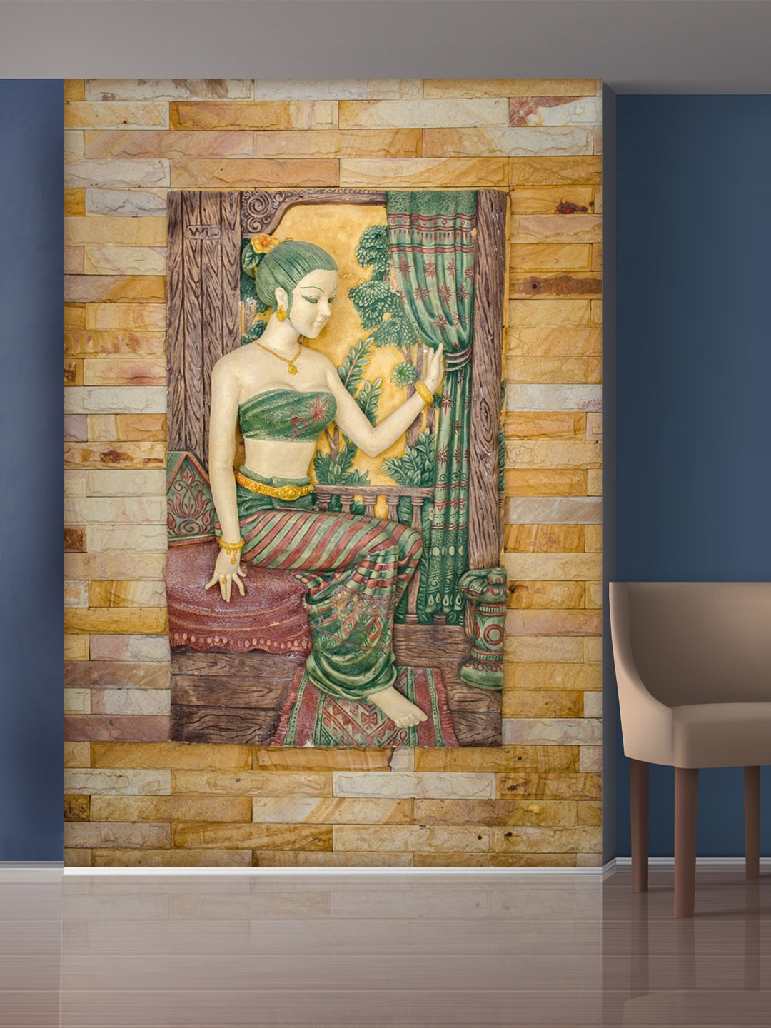 

999Store Yellow & Green Sitting Lady Mural Self-Adhesive Wallpaper