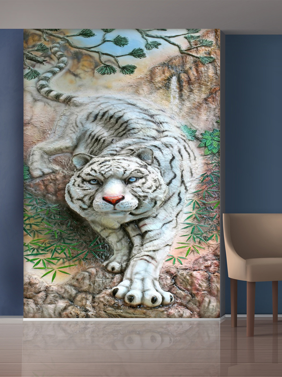 

999Store Brown & White Leaves & Angry Tiger Mural Wallpaper