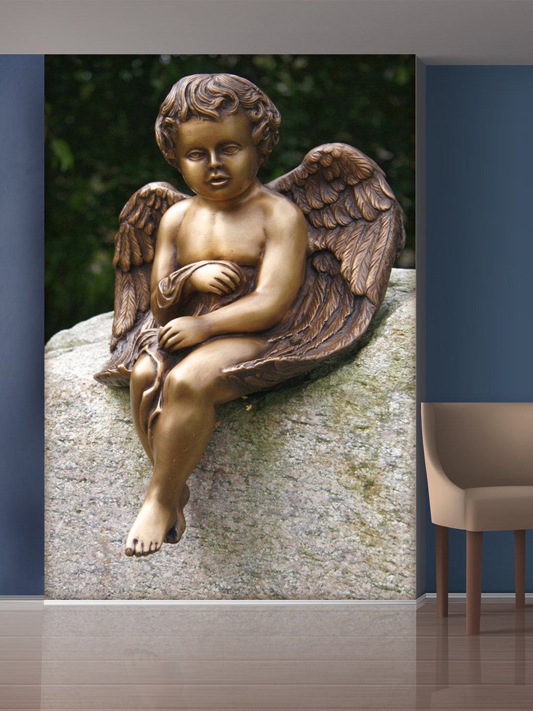 

999Store Gold-Toned & Green Baby Angel Sitting Mural Self-Adhesive Wallpaper