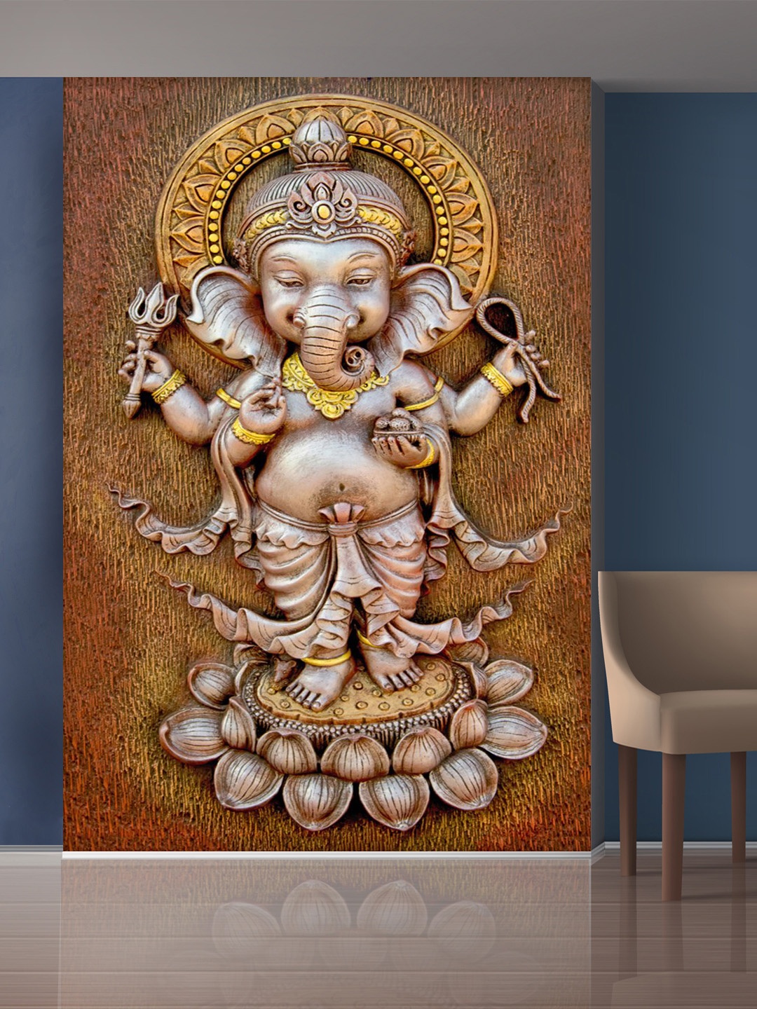 

999Store Brown & Gold-Toned Lord Ganesha Mural Self-Adhesive Wallpaper
