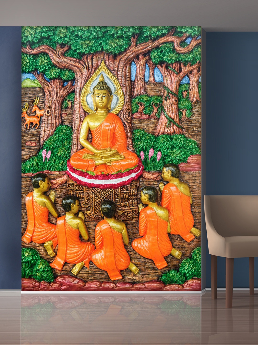 

999Store Green & Brown Meditating Buddha & Companions Self-Adhesive Mural Wallpaper