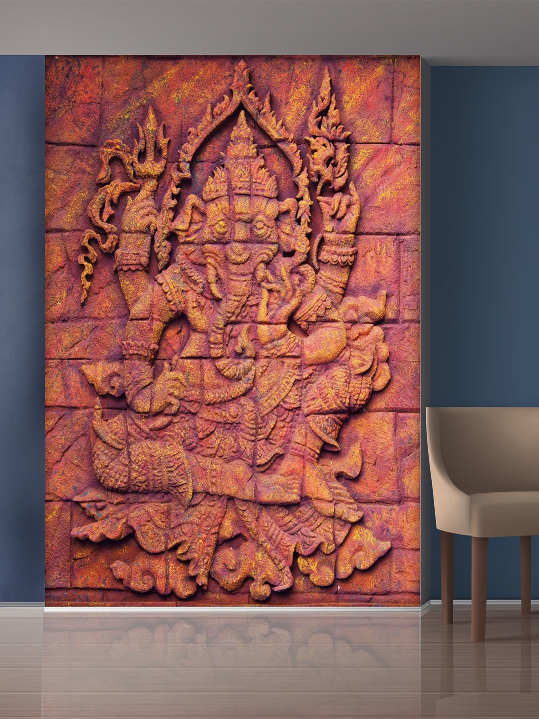 

999Store Red Stones Wall & Lord Ganesha Self-Adhesive Mural Wallpaper