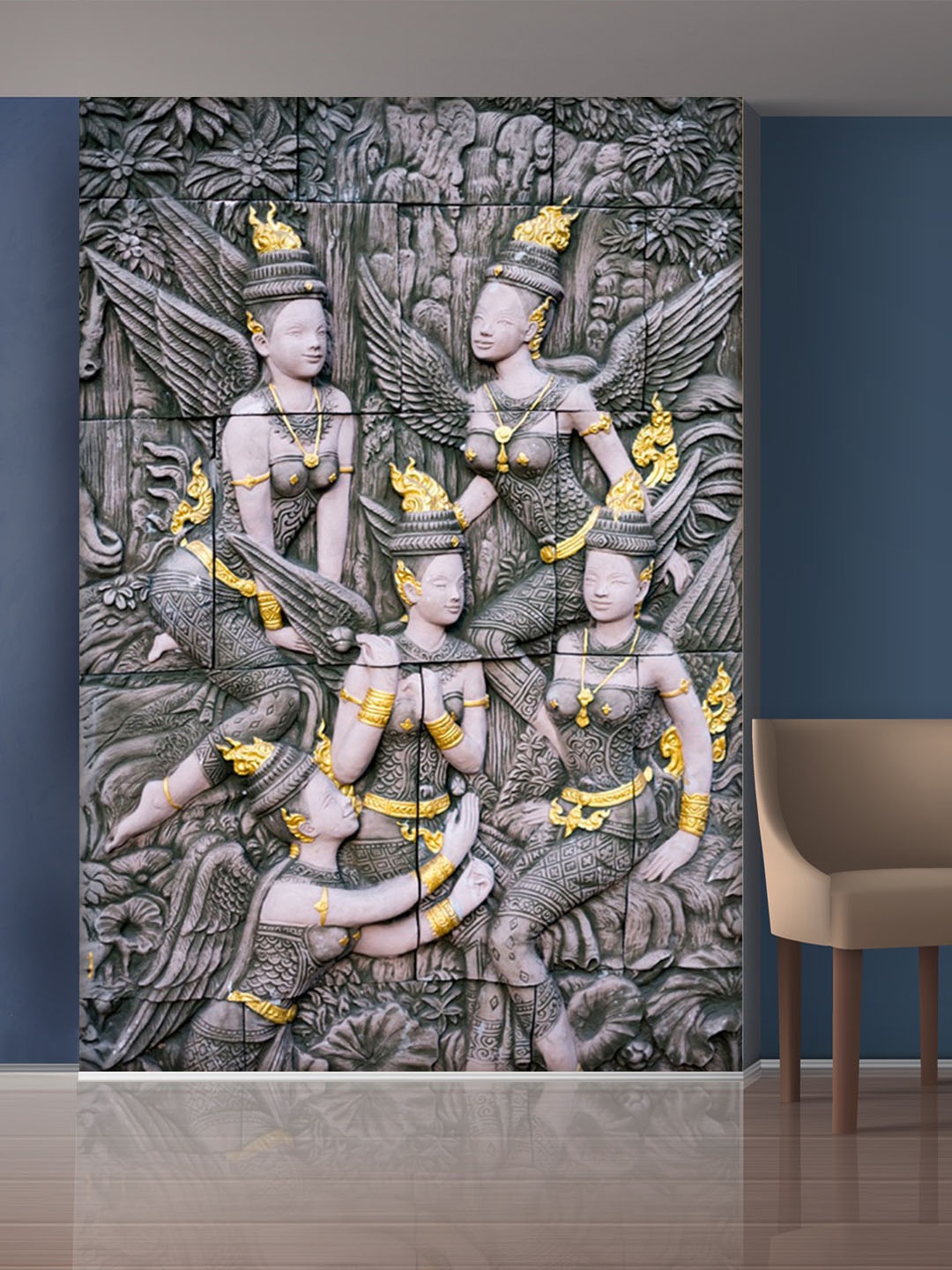 

999Store Grey & Gold-Toned Leaves and Flowers with Sitting Angels Self-Adhesive Wallpaper