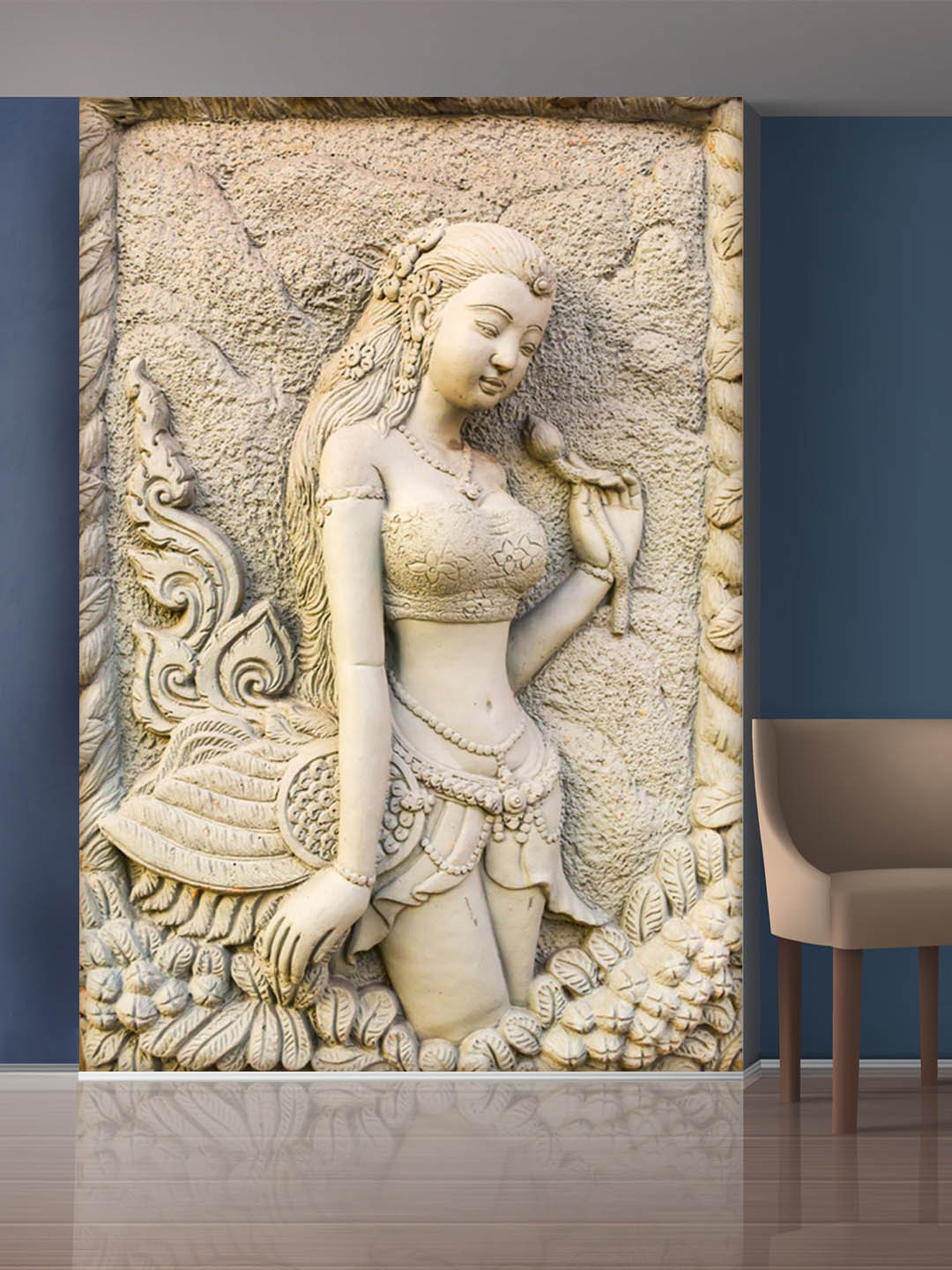 

999Store White Leaves & Standing Angel Self-Adhesive Mural Wallpaper