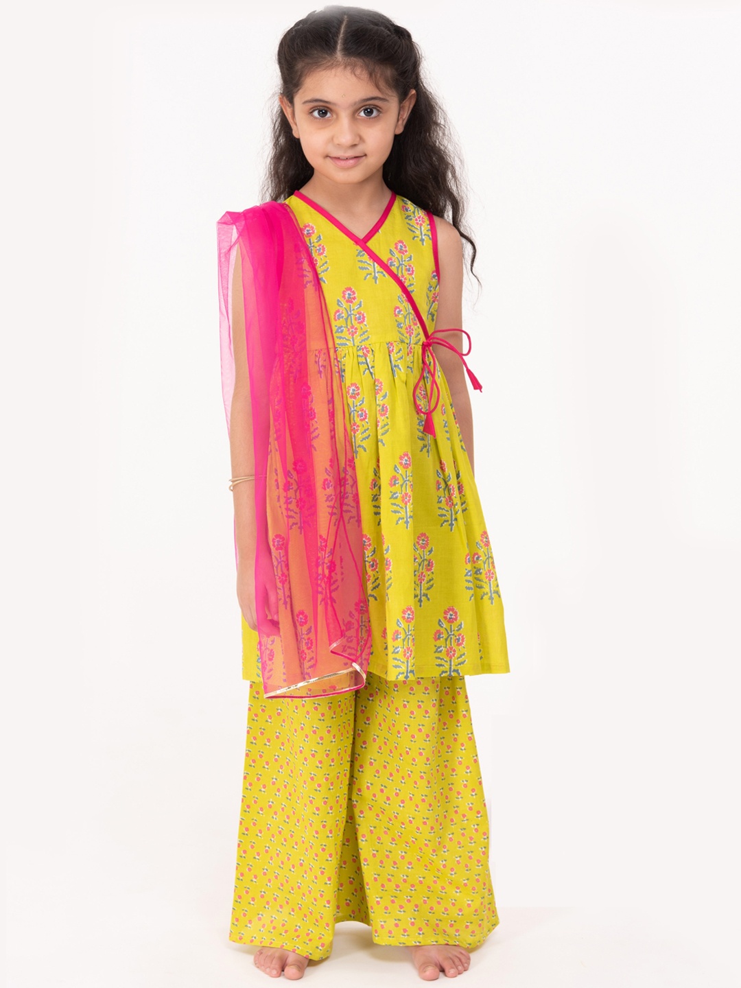 

Campana Girls Lime Green Ethnic Motifs Printed Angrakha Pure Cotton Kurta with Palazzos & With Dupatta