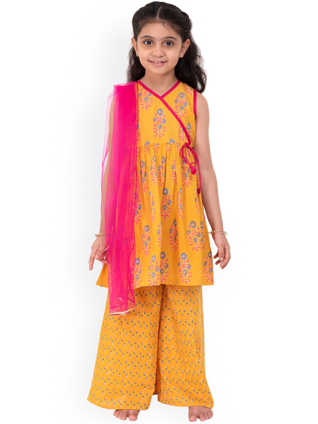 

Campana Girls Orange Ethnic Motifs Printed Angrakha Pure Cotton Kurta with Palazzos & With Dupatta