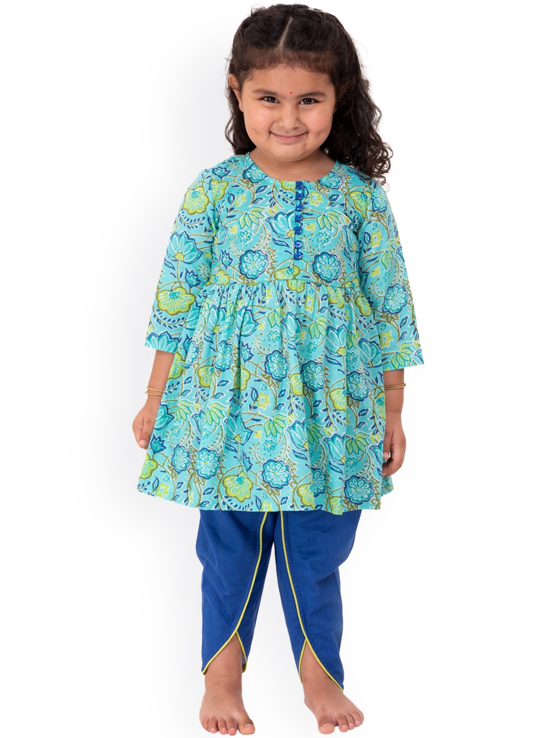 

Campana Girls Turquoise Blue Floral Printed Pleated Gotta Patti Pure Cotton Kurta with Dhoti Pants