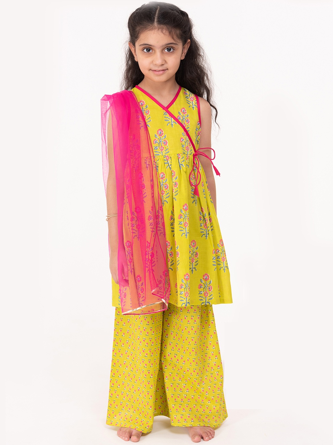

Campana Girls Yellow Ethnic Motifs Printed Angrakha Pure Cotton Kurta with Palazzos & With Dupatta